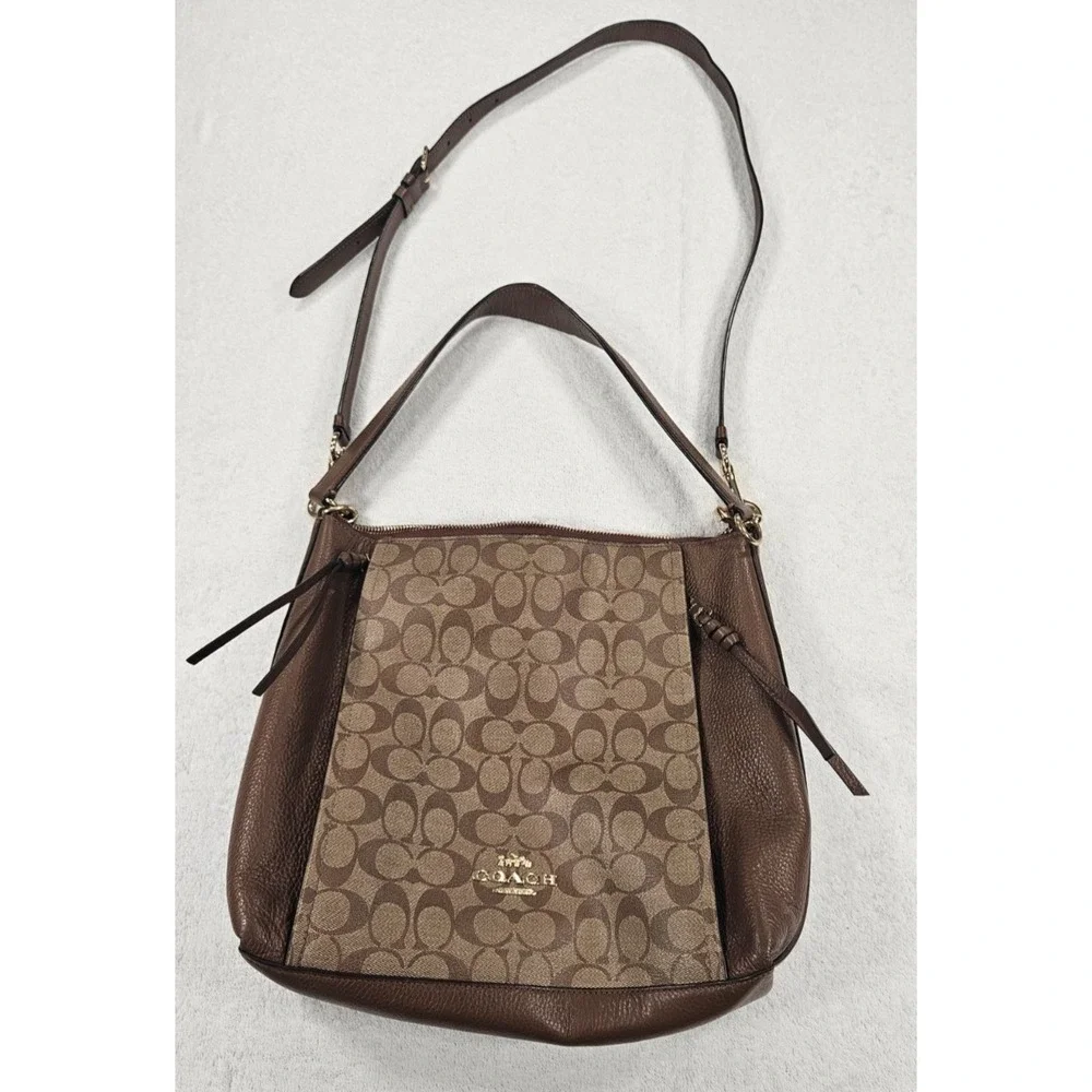 Coach Marlon Hobo Brown Signature Canvas Pebbled Leather Bag